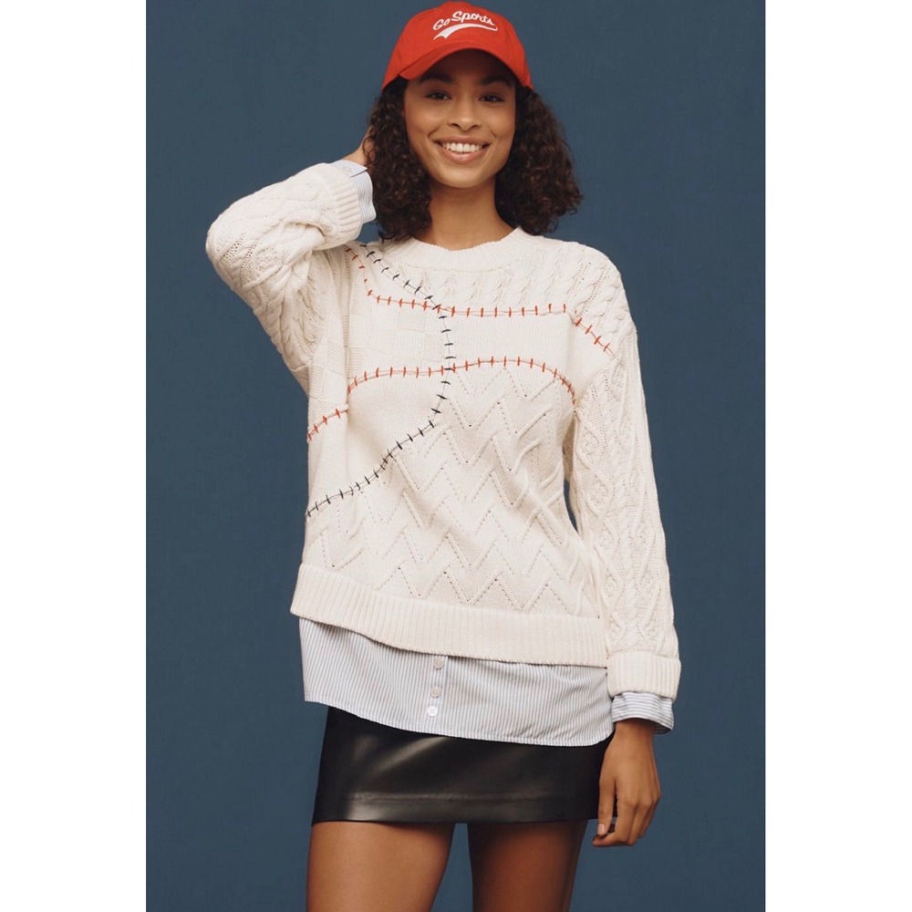Pilcro Anthropologie Twofer Cable Knit Pullover Sweater Contrast Stitch XS NEW